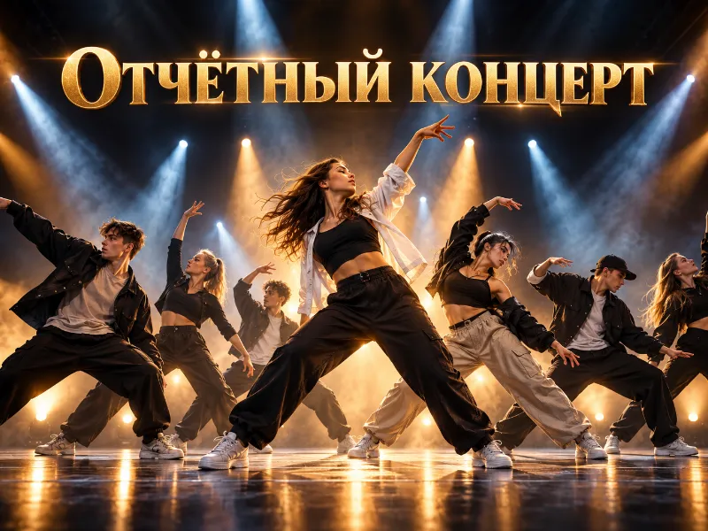 Сделай афишу по этому фото нашей танцевальной студии: тёмная сцена, лучи прожекторов, сверху надпись «Отчётный концерт»