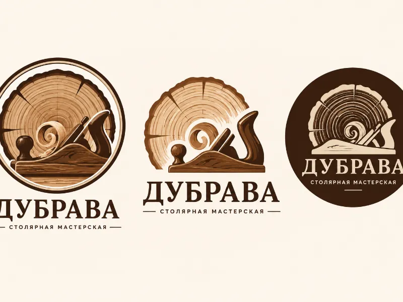 Логотип для столярной мастерской «Дубрава»: срез дерева и рубанок, тёплый коричневый, простой знак без мелких деталей