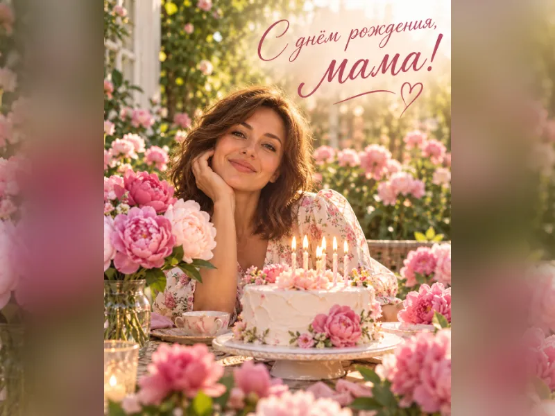 Вот фото мамы. Сделай открытку на день рождения: она в саду среди пионов, торт со свечами, надпись «С днём рождения, мама!»