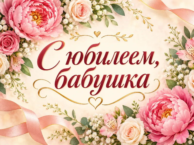 Замени надпись на открытке на «С юбилеем, бабушка» тем же цветом