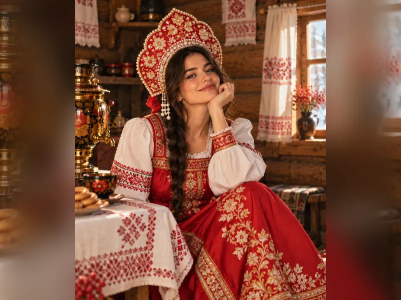 Одень меня в русский праздничный костюм: красный сарафан с вышивкой, белая рубаха, кокошник с жемчугом, фон — деревянная изба