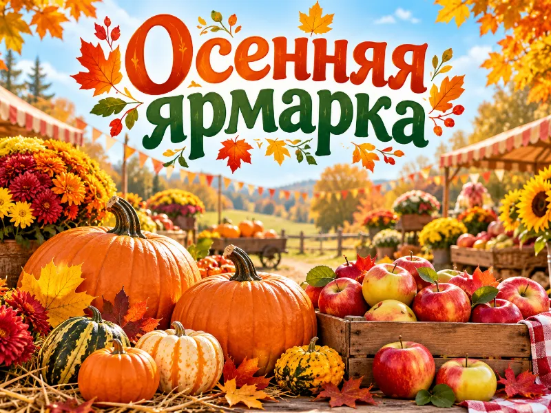 Нарисуй плакат для фермерской ярмарки: тыквы, яблоки, крупная надпись «Осенняя ярмарка», яркие цвета