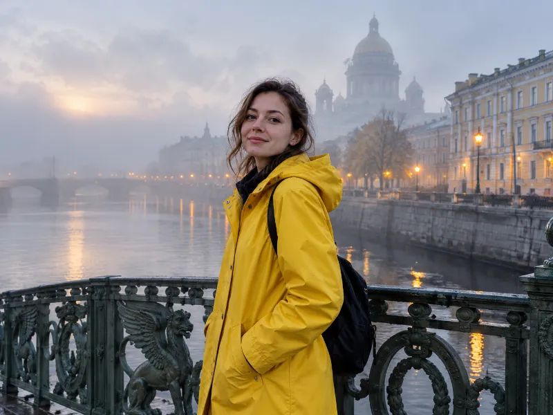 Сделай реалистичное фото: девушка в жёлтом дождевике на мосту в Петербурге, туман, раннее утро