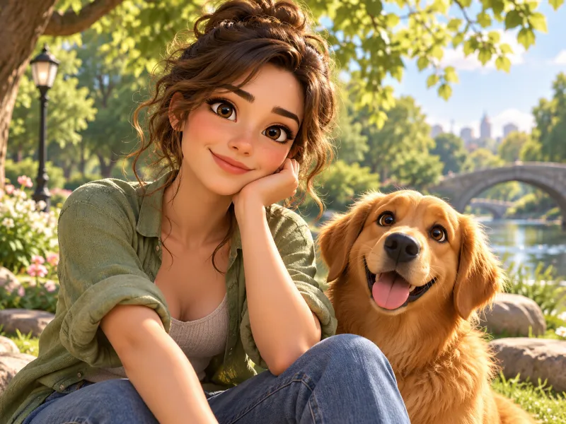 Сделай из этого селфи картинку в стиле 3D-мультфильма, фон — летний парк