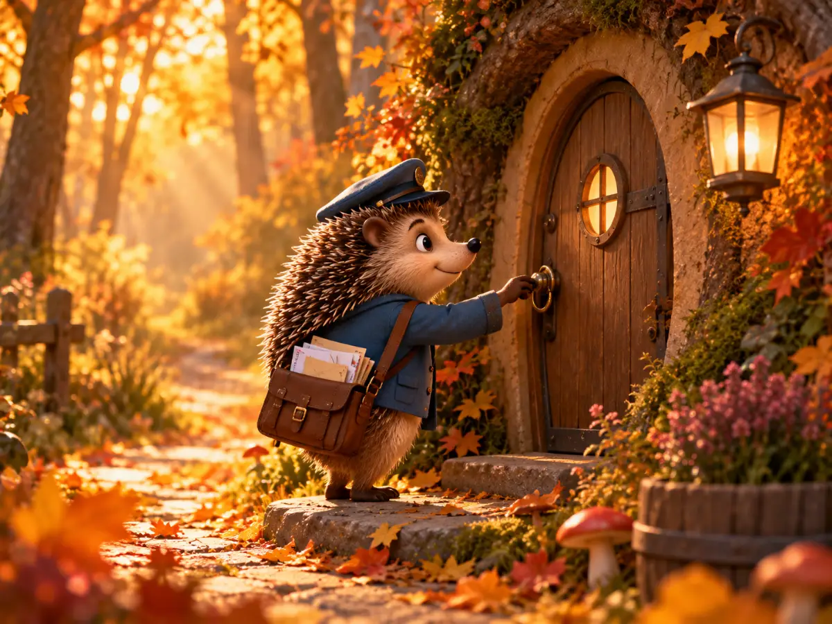 Мультфильм в стиле 3D: ёжик-почтальон с сумкой через плечо идёт по осеннему лесу и стучит в дверь норки, тёплый свет